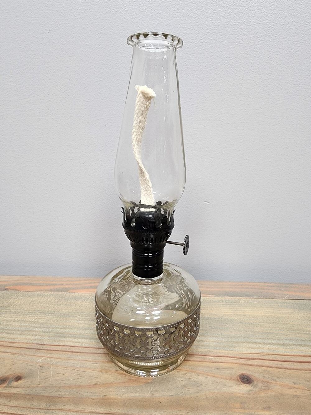 Vintage Lamplight Farms Small Clear Glass Oil Lamp 8.5" - Metal Inlay Base